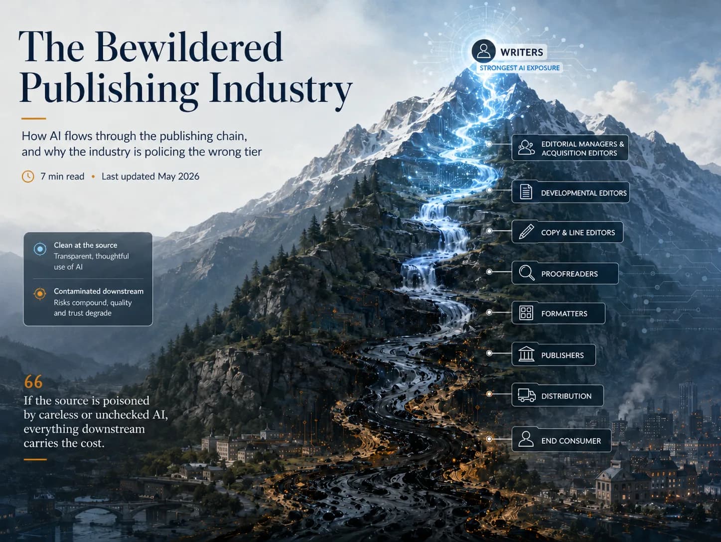 Infographic titled 'The Bewildered Publishing Industry'. Clean blue water springs from a mountain peak labelled Writers, the tier with the strongest AI exposure, and flows downhill, darkening and turning polluted as it passes each tier of the publishing chain: editorial managers and acquisition editors, developmental editors, copy and line editors, proofreaders, formatters, publishers, distribution, and finally the end consumer in the valley. A legend contrasts clean, transparent AI use at the source with contaminated, risk-compounding use downstream.